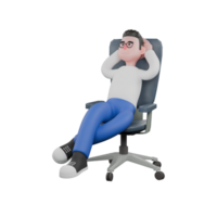 Editor in Cartoon Style 3D Model Illustration. A maleeditor sits leaning back in a chair with both hands holding his head while looking up, an expression of daydreaming. Design Character. png