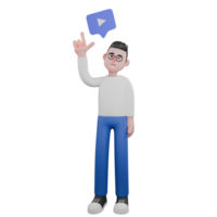 Cartoon Character 3D Model Editor Design. A male editor stands with his hands forming a gun symbol while pointing upwards, eureka expression. Illustration Design. png