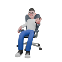 Editor in Cartoon Style 3D Model Illustration. A male editor sits holding a cellphone in his left hand, looking expression something in front of him. Design Character. png