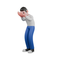 Cartoon Character 3D Model Editor Design. A male editor stands with his body slightly bent over with both hands covering his face. Design Character png