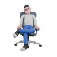 3D Model Cartoon Character for Editing. A male editor sits on a chair with his left leg bent over his right leg and both hands on the chair handle. Design Character. png