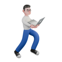 Professional Editing 3D Cartoon Model. A male editor walks with both hands holding a laptop, happy expression. Illustration Design png