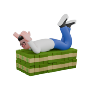 Creative Editor 3D Cartoon Character Design. A male editor lies on a pile of money with both hands on his fists and both legs crossed. Professional Model. png