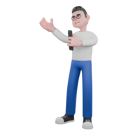 Cartoon Character 3D Model Editor Design. A male editor stands holding a cellphone in his left hand, and his right hand is open, an expression of giving direction to the object. Illustration Design. png