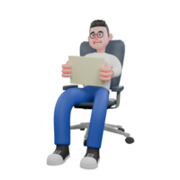 Editor in Cartoon Style 3D Model Illustration. A male editor sits with both hands holding a sheet of paper while looking at it, reading expression. Design Character. png