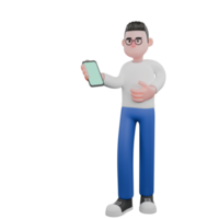 Professional Editing 3D Cartoon Model. A male editor stands holding a cellphone in his right hand, and his left hand seems to be explaining. Professional Model. png