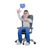 Professional Editing 3D Cartoon Model. A male editor sits with his left hand on his chin, and his right hand pointing upwards, eureka expression. Professional Model. png
