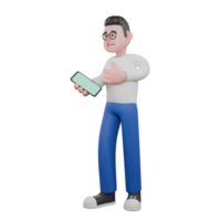 Cartoon Character 3D Model Editor Design. A male editor stands holding a cellphone in his right hand, speaking expression. Illustration Design. png