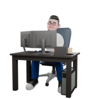 Cartoon Character 3D Model Editor Design. A Male Editor sits with two computers on a table, warm smile, expression full of kindness. Professional Model png