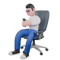 Professional Editing 3D Cartoon Model. A Male Editor sits on a chair with both hands holding a cellphone. Design Character png