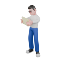 Creative Editor 3D Cartoon Character Design. A male editor stands with both hands holding several sheets of paper. Design png