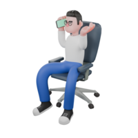 Professional Editing 3D Cartoon Model. A Male Editor sits on a chair with his right hand holding a cellphone, expressing an incoming call. Illustration Design png