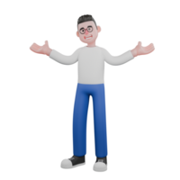 Cartoon Character 3D Model Editor Design. A male editor stands with both hands open, an expression of welcoming the audience. Illustration Design. png