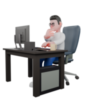 Editor Cartoon Style 3D Model Illustration. A male editor sits with a computer on his desk while typing on a keyboard in his left hand, and his right hand is on his chin, a thoughtful expression. png