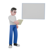 Cartoon Character 3D Model Editor Design. A male editor stands next to a whiteboard holding a sheet of paper in his left hand while looking at it, an expression of presentation. Illustration Design. png