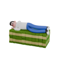 Creative Editor 3D Cartoon Character Design. A male editor is lying on a pile of money with both hands supporting each other on his cheeks. Design png