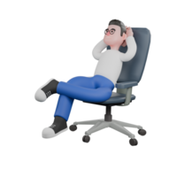 Creative Editor 3D Cartoon Character Design. A male editor sits and leans back in a chair with both hands behind his head, a relaxed expression. Design png