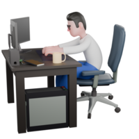 Professional Editing 3D Cartoon Model. A Male Editor sits on a chair with a computer on the table. Professional Model. png