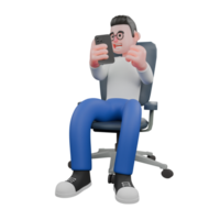 Professional Editing 3D Cartoon Model. A male editor sits with his right hand holding a cellphone while looking at it, and his left hand clenched. Professional Model. png