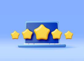 3D laptop with customer feedback isolated. Reviews gold star in computer realistic render. Testimonials, rating, feedback, survey, quality and review vector