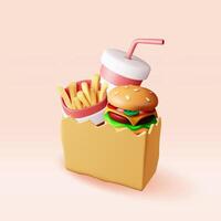 3D tasty burger, red glass with drinking straw, french fries Isolated. Render cup of cola with fries and cheeseburger in paper bag. Fast food take away concept vector