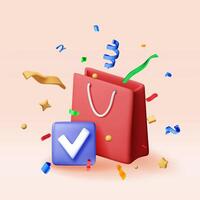 3D shopping bag with check mark and confetti. Render shopping or gift bag with approved checkmark. Completed order, successfully purchase. vector