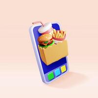 3D tasty burger, red glass with drinking straw, french fries in smartphone. Render cup of cola with fries and cheeseburger in paper bag. Fast food delivery concept. vector