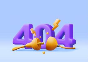 3D electric plug with 404 digits isolated. Render electrical outlet plug unplugged symbol. 404 error vector
