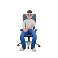 Editor in Cartoon Style 3D Model Illustration. A male editor sits on a chair holding a cup of coffee in his left hand while looking at it . Design Character png