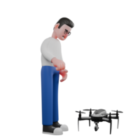 Editor in Cartoon Style 3D Model Illustration. A male editor stands looking at the drone below him, while both hands seem to want to take it . Design Character png