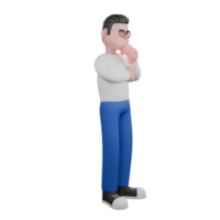 Cartoon Illustration Design of Editor 3D Character. A male editor stands facing left with one hand holding his chin and the other hand wrapped in front of his chest, expression thinking. png