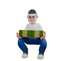 Cartoon Character 3D Model Editor Design. A Male Editor squatting with both hands holding a pile of money, smiling expression. Professional Model png