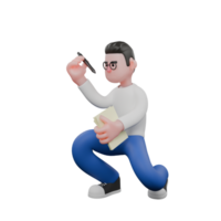 Editor in Cartoon Style 3D Model Illustration. A Male Editor crouches with one hand holding several sheets of paper and the other hand holding a pen, serious expression. Design Character png
