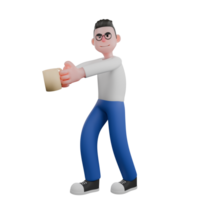 Cartoon Character 3D Model Editor Design. A Male Editor walking to the right with both hands holding a cup of coffee, smiling expression. Professional Model png