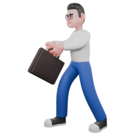 Professional Editing 3D Cartoon Model. A Male Editor walks to the right with both hands carrying a black briefcase, an expression ready to work . Illustration Design png