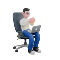 Editor Cartoon Character for Projects. A male editor sits on a chair with a laptop on his lap while both hands are clasped in front of his chest 3D Illustration Design png