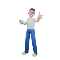 Professional Editing 3D Cartoon Model. A male editor stands holding a cellphone in his right hand, and his left hand points to the side while looking at it . Illustration Design png
