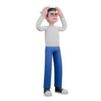 Cartoon Character 3D Model Editor Design. A male editor stands with both hands holding his head, frustrated expression. Professional Illustration png