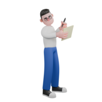 Editor Cartoon Style 3D Model Illustration. A male editor stands holding a sheet of paper in his right hand while looking at it, and holding a pen in his left hand, an expression of wanting to write. png