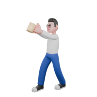 Editor in Cartoon Style 3D Model Illustration. A Male Editor walking to the right with both hands lifting a cup of coffee in front of him, excited expression . Design Character png