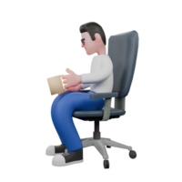 Professional Editing 3D Cartoon Model. A male editor sits with holding a cup of coffee in his left hand while looking at it . Illustration Design png
