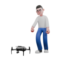 Professional Editing 3D Cartoon Model. A Male Editor walks towards a drone with both hands wanting to take the drone in front of him . Illustration Design png