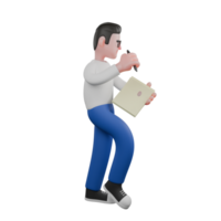 Cartoon Character 3D Model Editor Design. A male editor walks with several sheets of paper and pens in both hands, as if he wants to write. Professional Model png