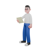 3D Model Cartoon Character for Editing. A Editor stands with his right hand holding a paper and his left hand clenched. Design Character png
