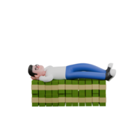 Creative Editor 3D Cartoon Character Design. A male editor is lying on a pile of money with both hands behind his fist. Design png