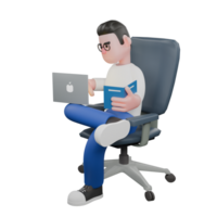 Professional Editing 3D Cartoon Model. A male editor sits with a laptop on his lap typing on the keyboard with his right hand, and his left hand holds a book. Professional Model. png