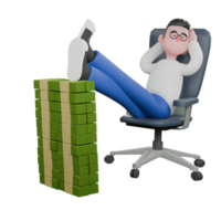 Editor in Cartoon Style 3D Model Illustration. A male editor is sitting on a chair with both hands behind his fist and both legs supporting the pile of money. Design png
