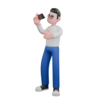 3D Model Cartoon Character for Editing. A Male Editor stands with his right hand holding an on cell phone and his left hand pointing forward. Design Character png