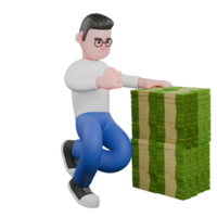Professional Editing 3D Cartoon Model. A Editor squats in front of a pile of money and his left hand clenched. Illustration Design png