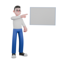 Editor in Cartoon Style 3D Model Illustration. A male editor stands next to a whiteboard with his right hand pointing towards the board. Design Character. png